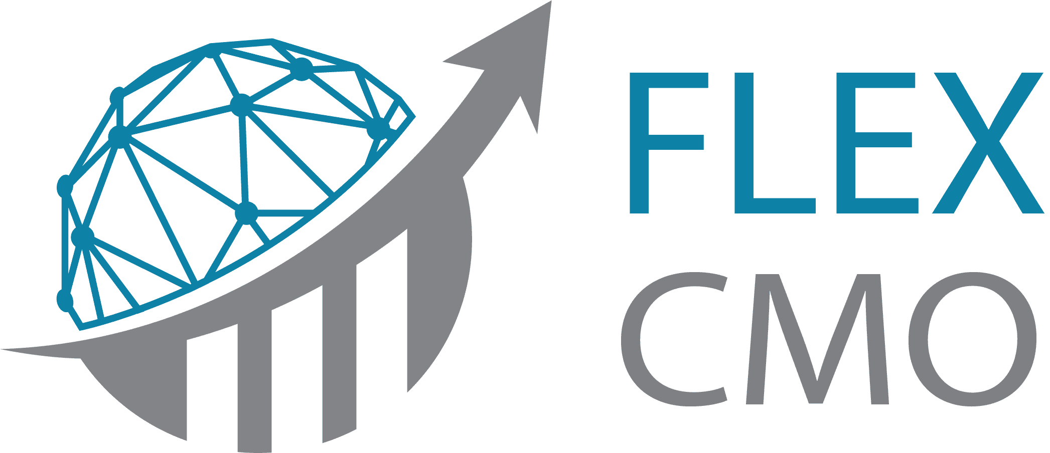 Flex CMO Logo de Flex CMO affichant un globe bleu stylisé avec une flèche montante incorporée à la lettre "M" sur fond vert.